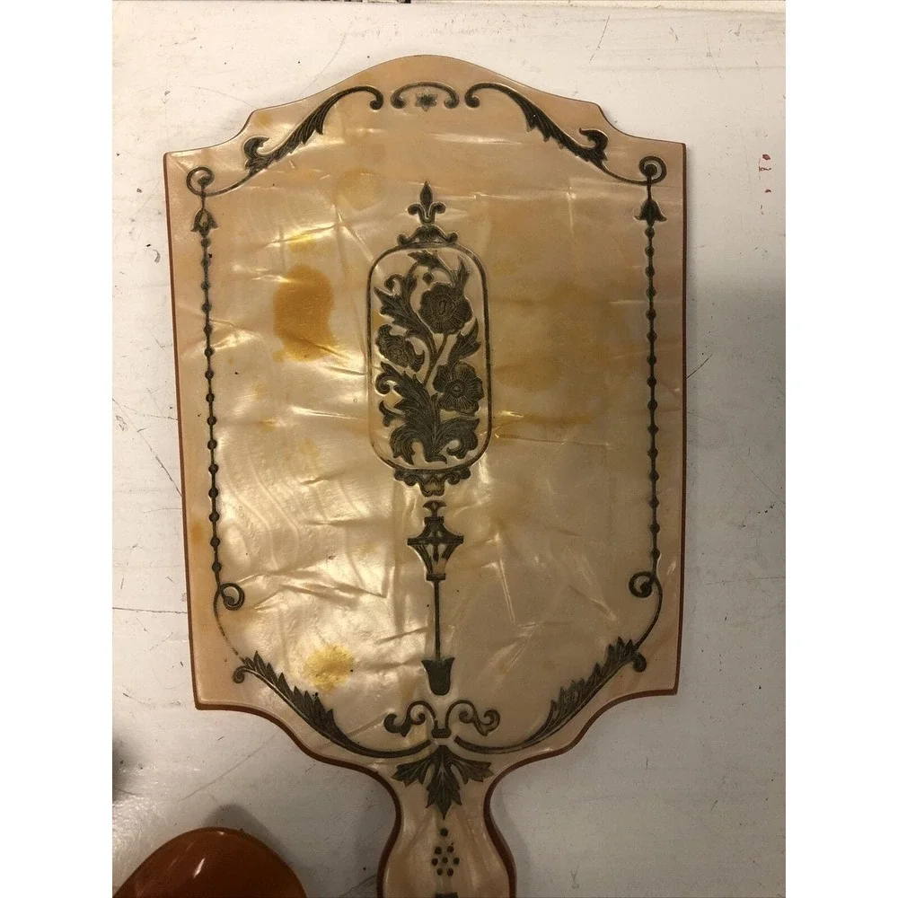 Vtg 4pc Vanity Set Beveled Pearlized Embossed Amber Dresser Tray Mirror Shoehorn